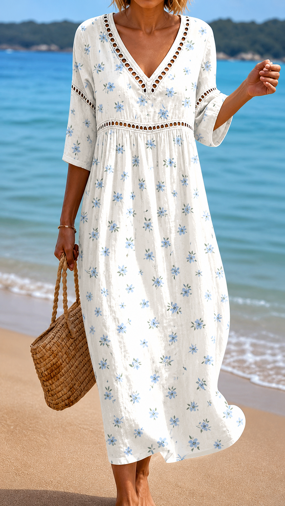 Daisy | Rochie Midi de Vară Ușoară cu Flori Mici Albastre