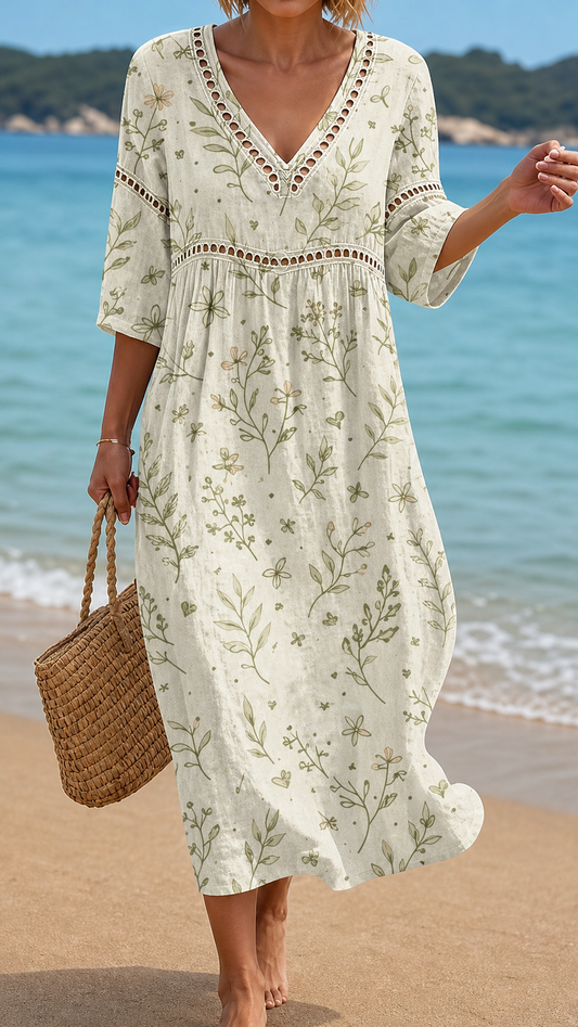 Paloma | Rochie de Plajă cu Efect de In și Motiv Botanic