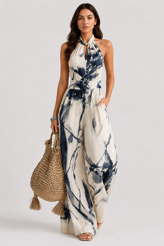 Alessia | Salopetă Halter cu Print Artistic