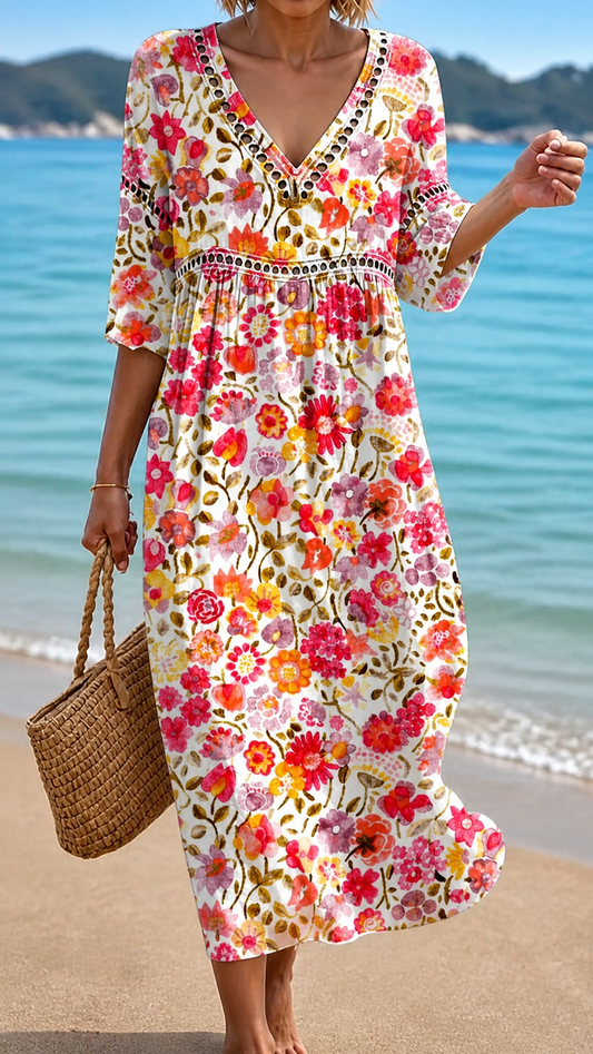 Vivienne | Rochie Midi de Vară Ușoară cu Model Floral Viu