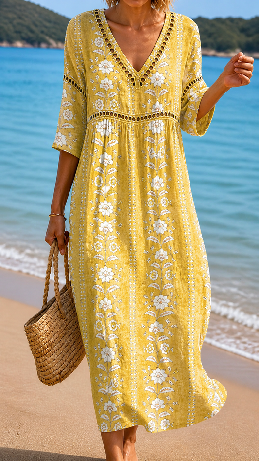 Solaris | Rochie Midi Floral Galben Deschis