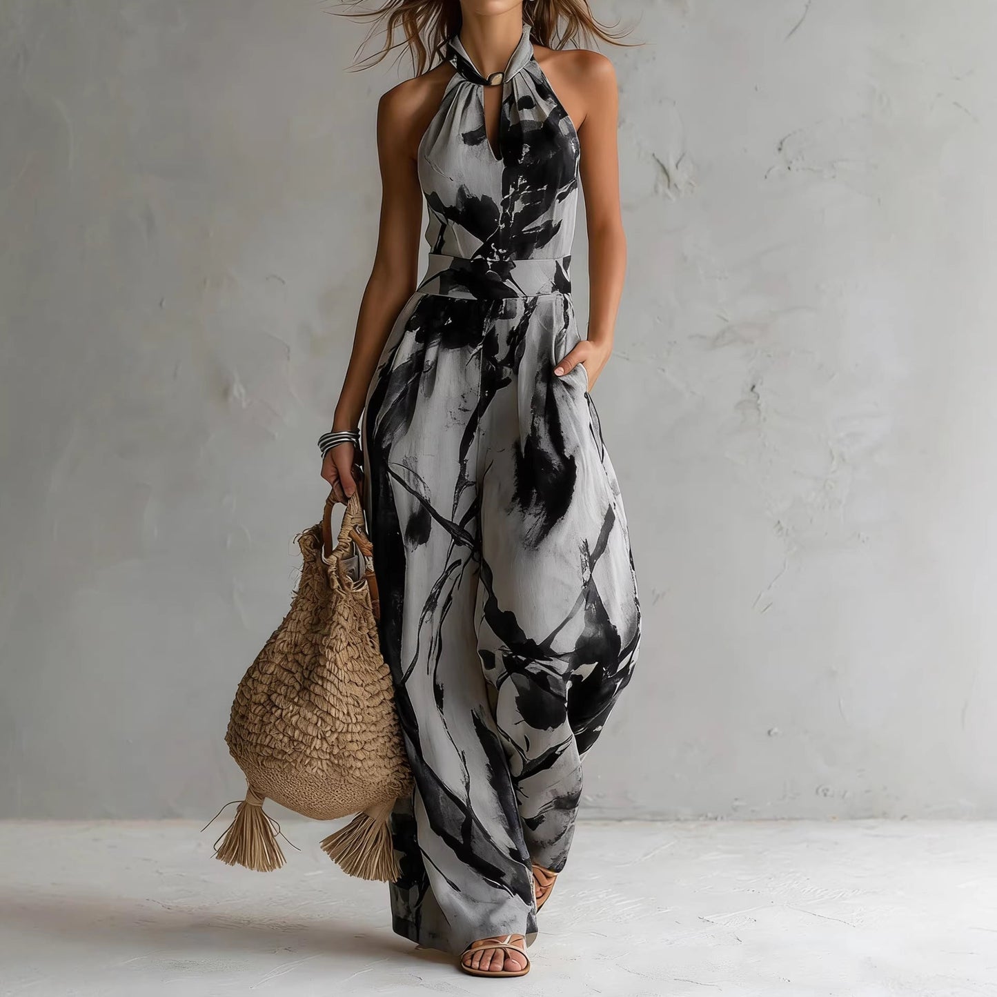 Alessia | Salopetă Halter cu Print Artistic